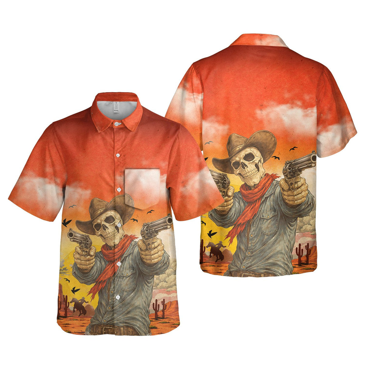 Western skeleton hawaiian shirt, front angle view