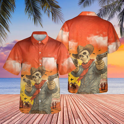Western skeleton hawaiian shirt, close up front view