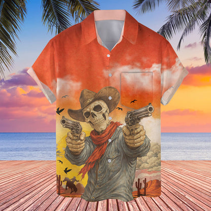Western skeleton hawaiian shirt, detailed front view