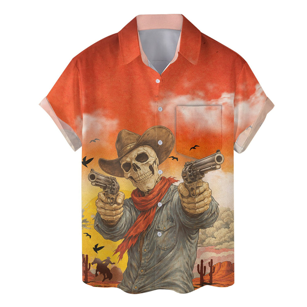 Western skeleton hawaiian shirt, folded front view
