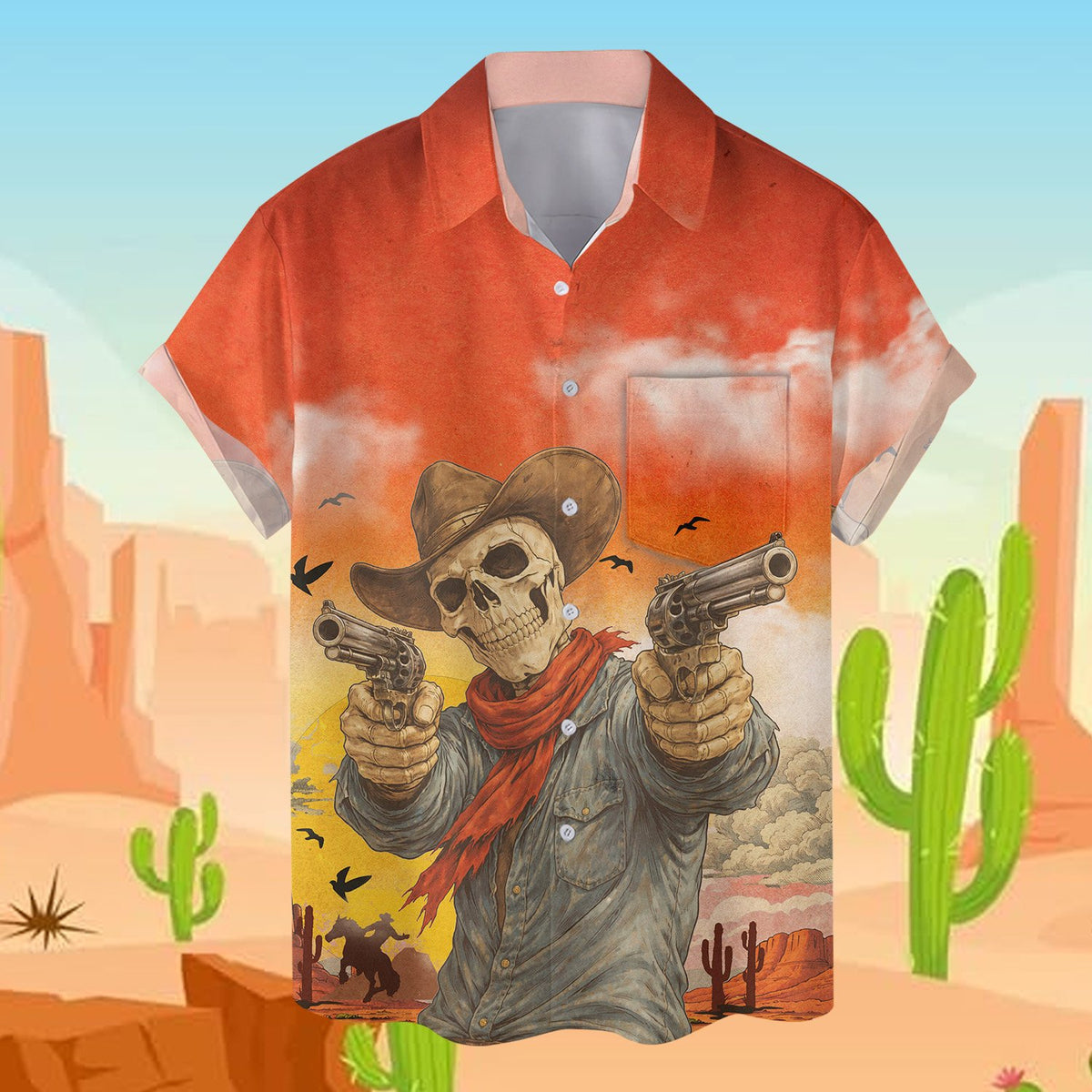 Western skeleton hawaiian shirt, front view