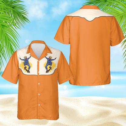 Another front view of the orange and cream skeleton hawaiian shirt