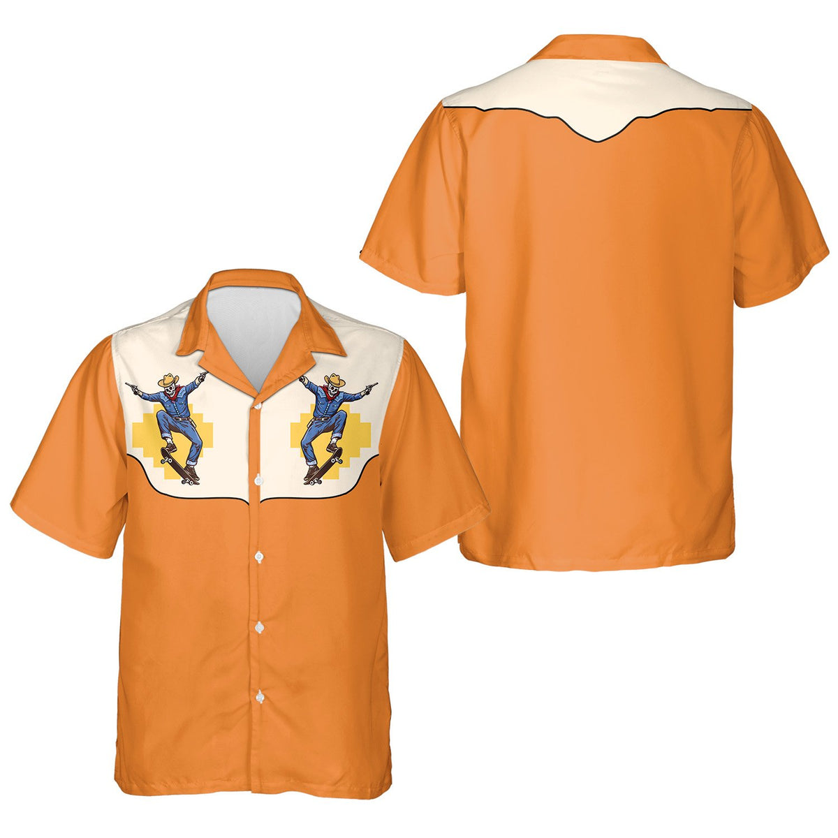 Close up front view of the western skeleton hawaiian shirt