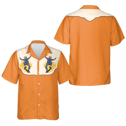 Close up front view of the western skeleton hawaiian shirt