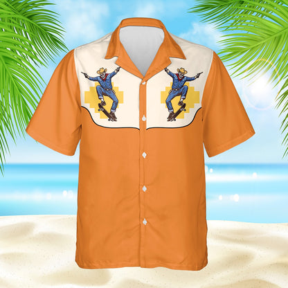 Front view of the skateboarding cowboy skeleton hawaiian shirt