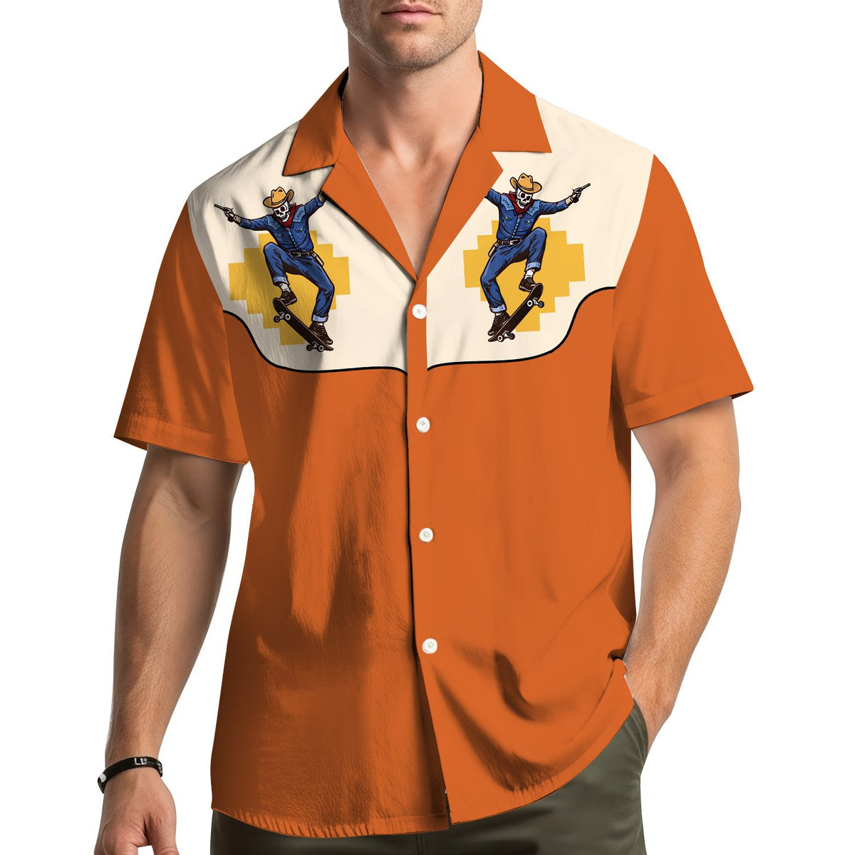 Lifestyle view of someone wearing the matching family hawaiian shirt with cowboy skeleton