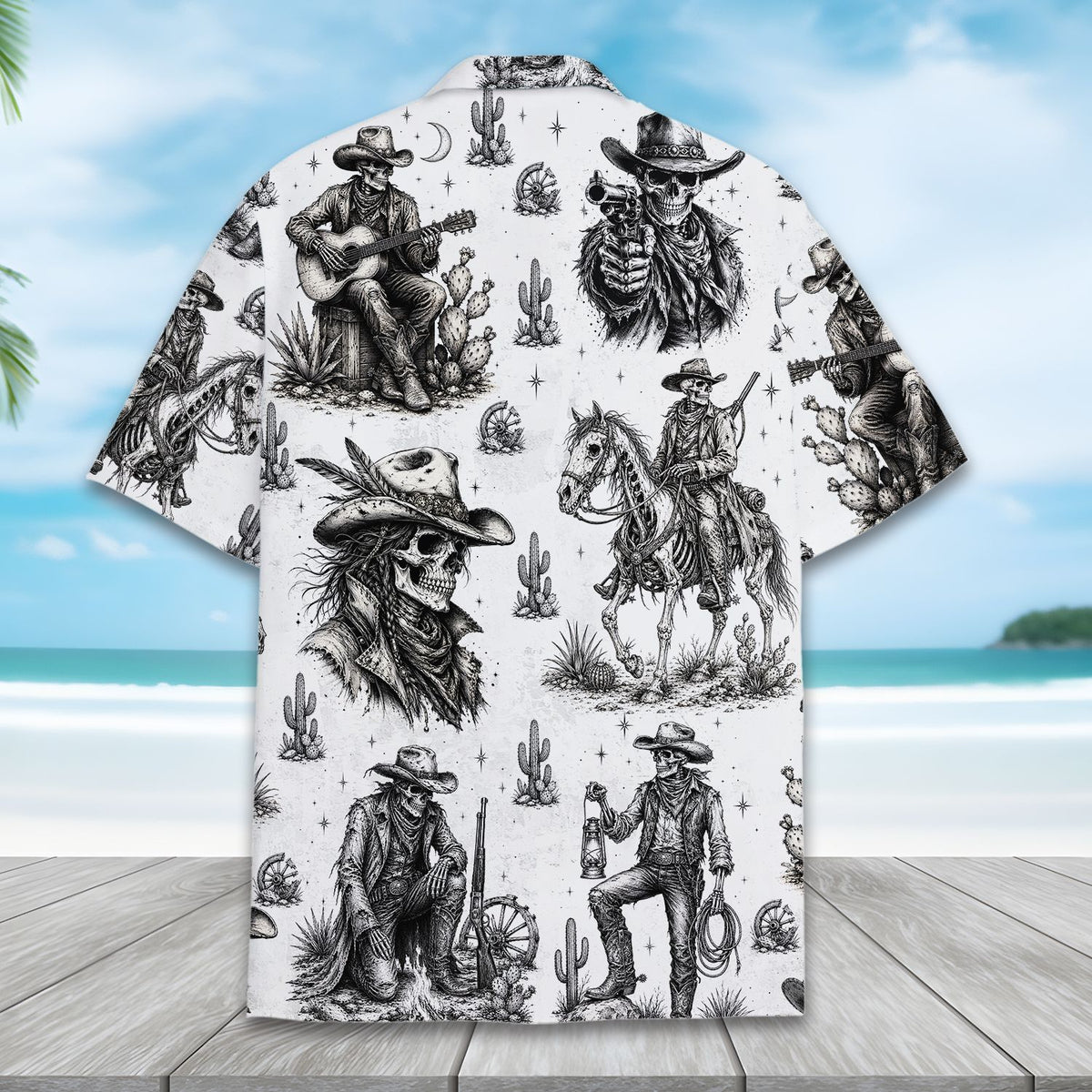 Alternate back view of matching family hawaiian shirts with western skeleton motif