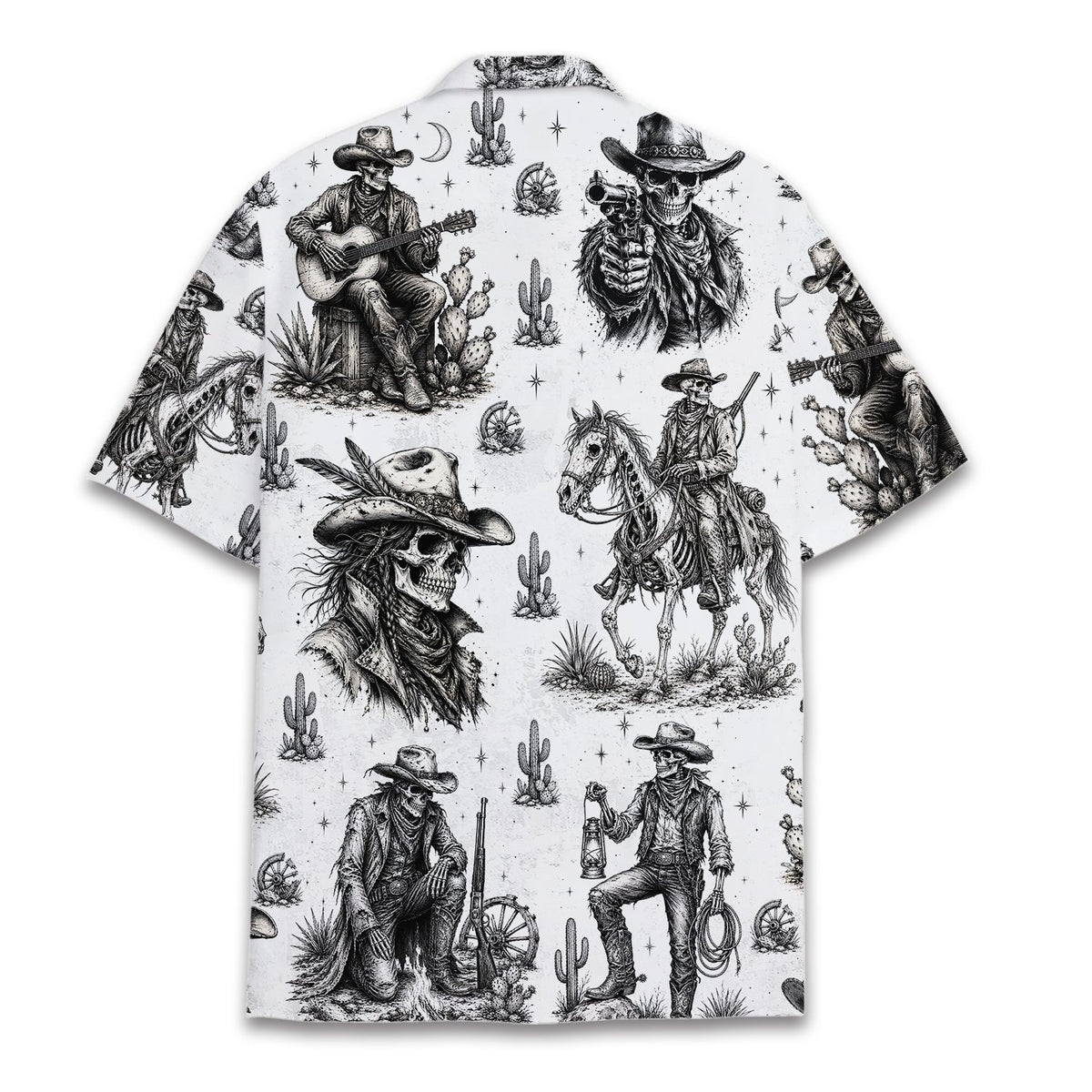 Back view of white hawaiian shirt featuring western skeleton design