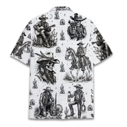 Back view of white hawaiian shirt featuring western skeleton design