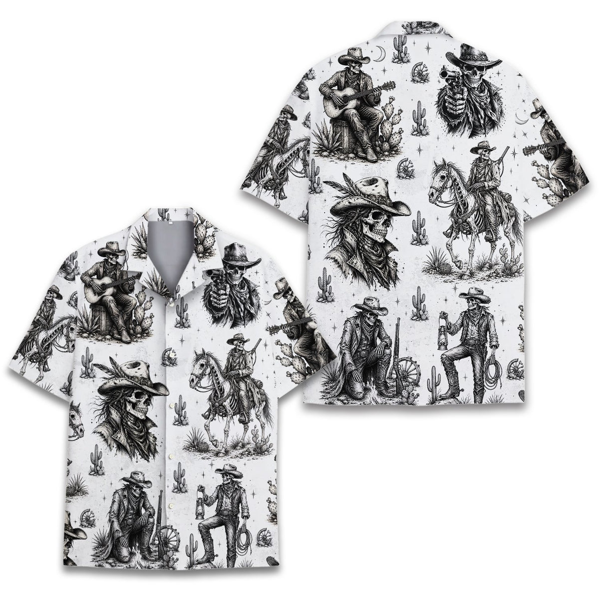 Detailed front view of western skeleton hawaiian shirt showing campfire and cactus motifs