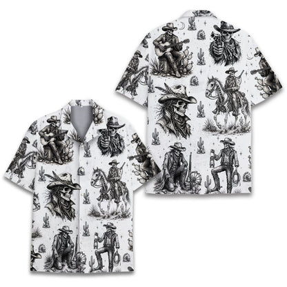 Detailed front view of western skeleton hawaiian shirt showing campfire and cactus motifs