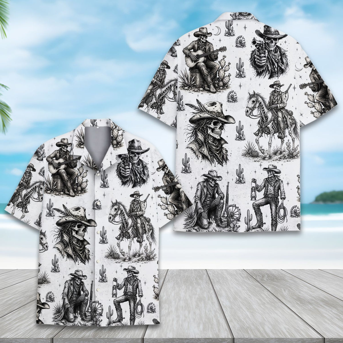 Alternate front view of matching family hawaiian shirts with western skeleton print