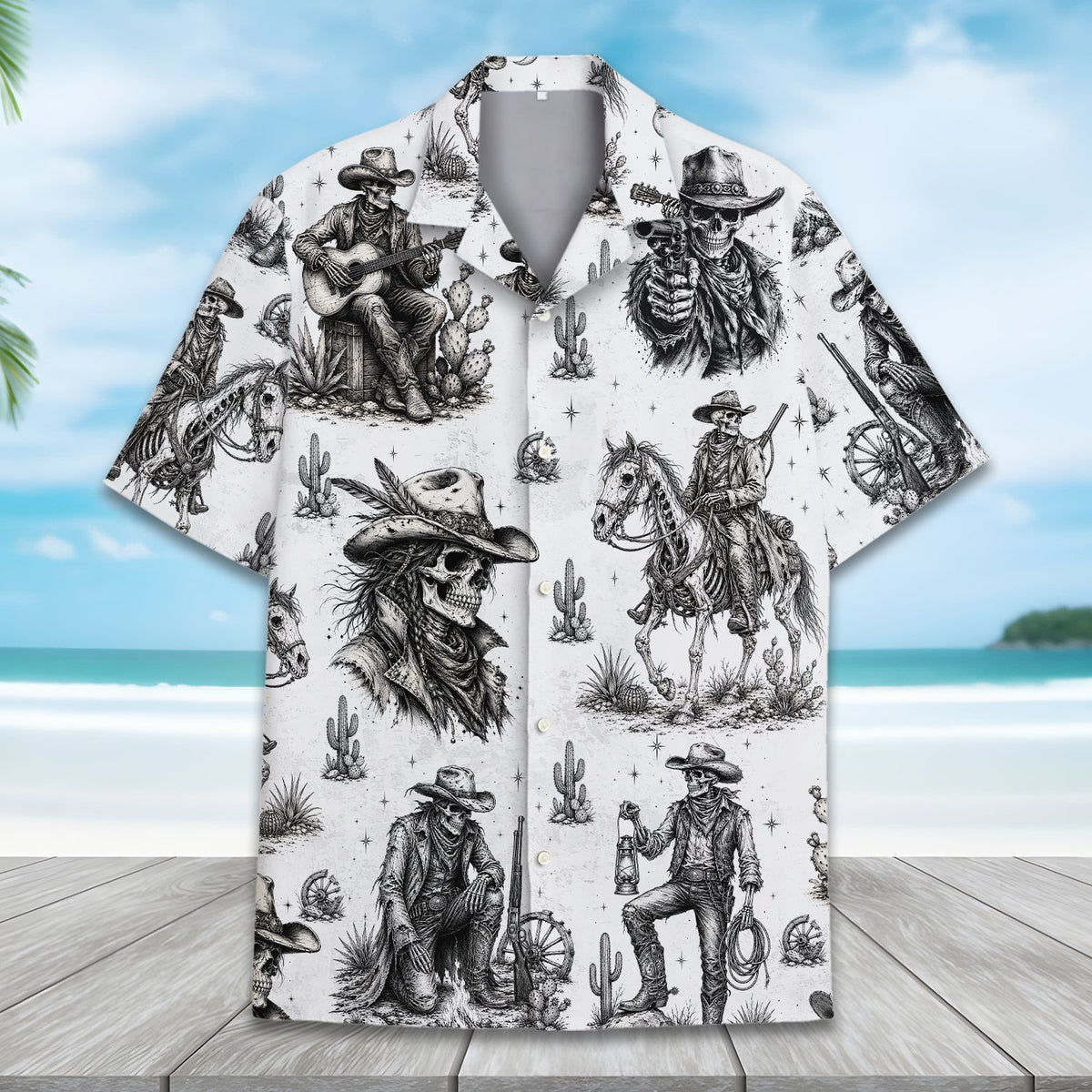 Front angle view of white hawaiian shirt featuring skeletons in western attire