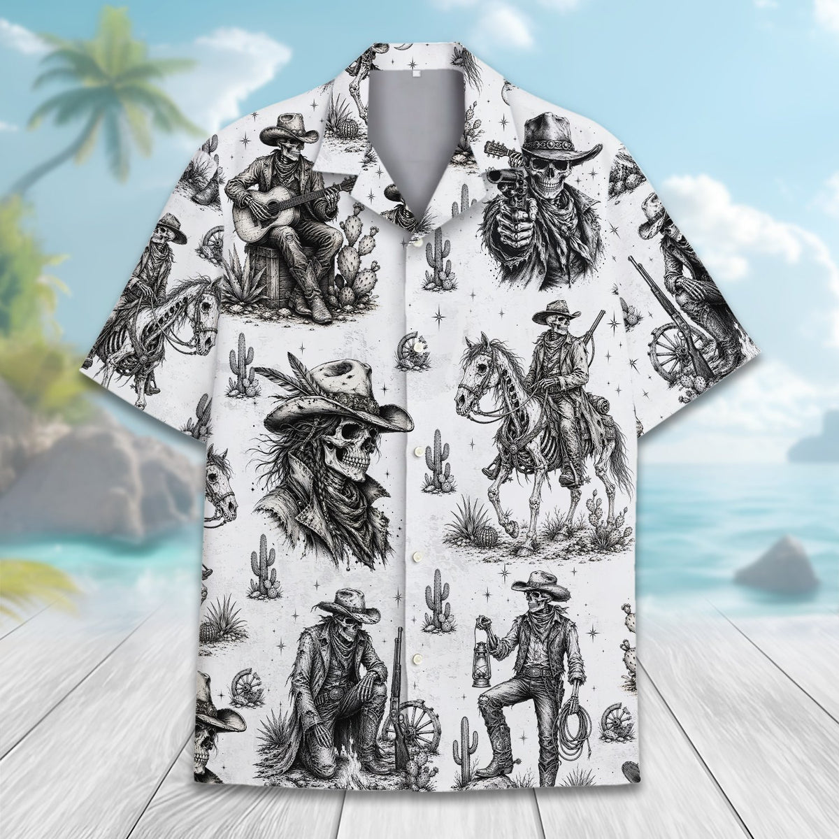 Flat lay front view of western skeleton hawaiian shirt on white background