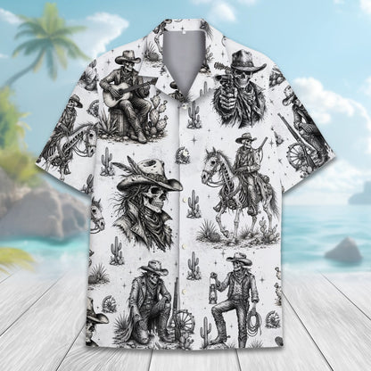 Flat lay front view of western skeleton hawaiian shirt on white background