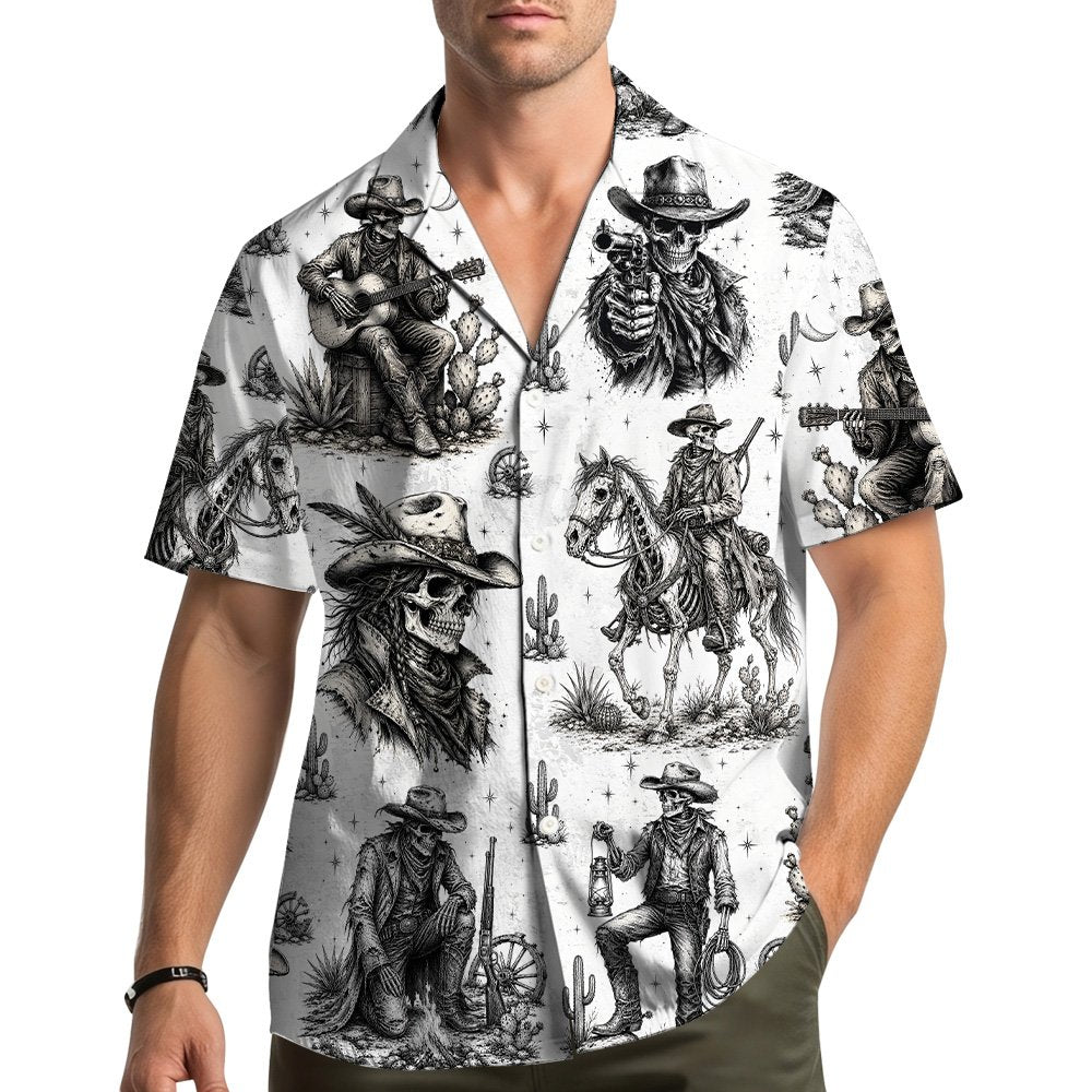 White hawaiian shirt with black and gray western skeleton design, front view