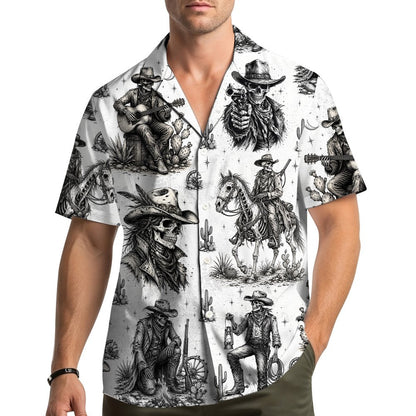 White hawaiian shirt with black and gray western skeleton design, front view