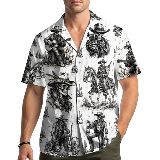White hawaiian shirt with black and gray western skeleton design, front view