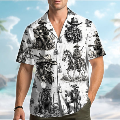 Lifestyle view of someone wearing a skeleton wearing hawaiian shirt design outdoors