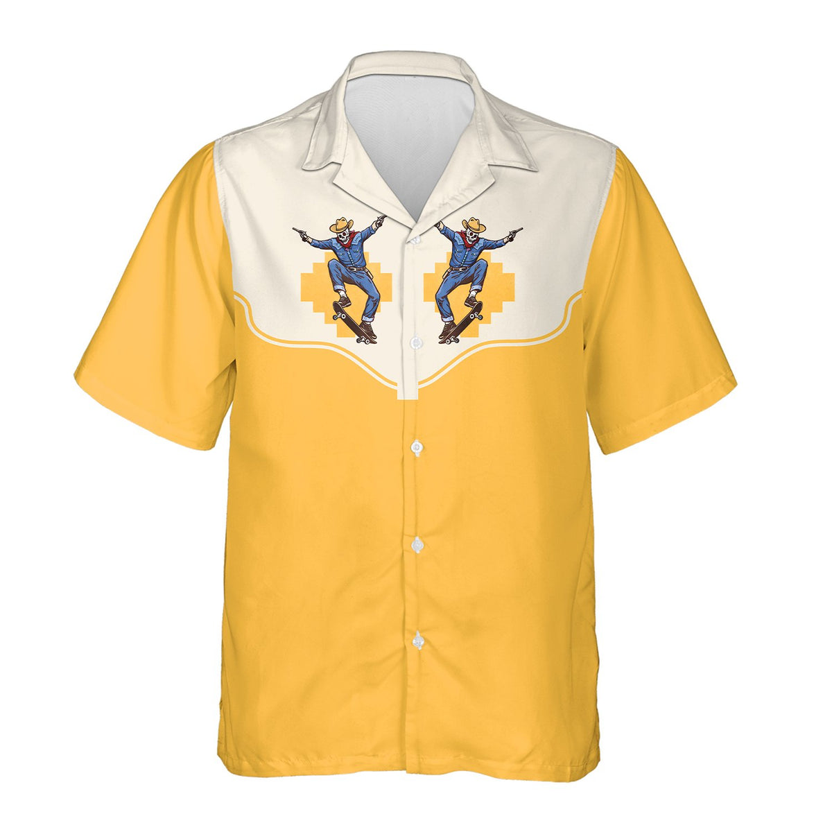 Front view of the matching family hawaiian shirts in western skeleton design