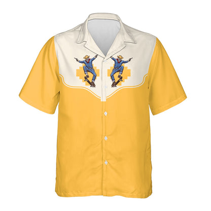 Front view of the matching family hawaiian shirts in western skeleton design