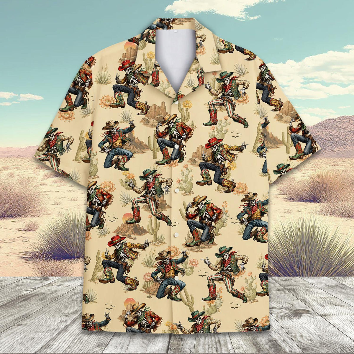 Another front view of the desert skeleton matching family hawaiian shirt