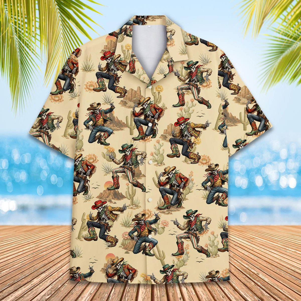 Matching family hawaiian shirts with western skeletons design on a beige background