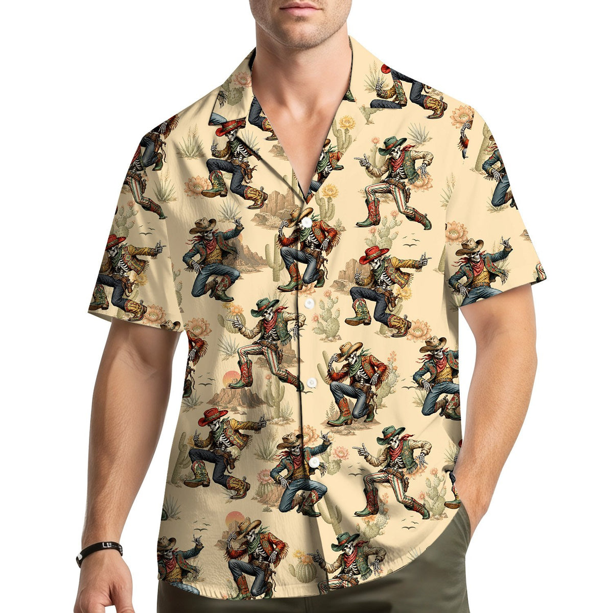 Lifestyle view of people wearing the halloween hawaiian shirt