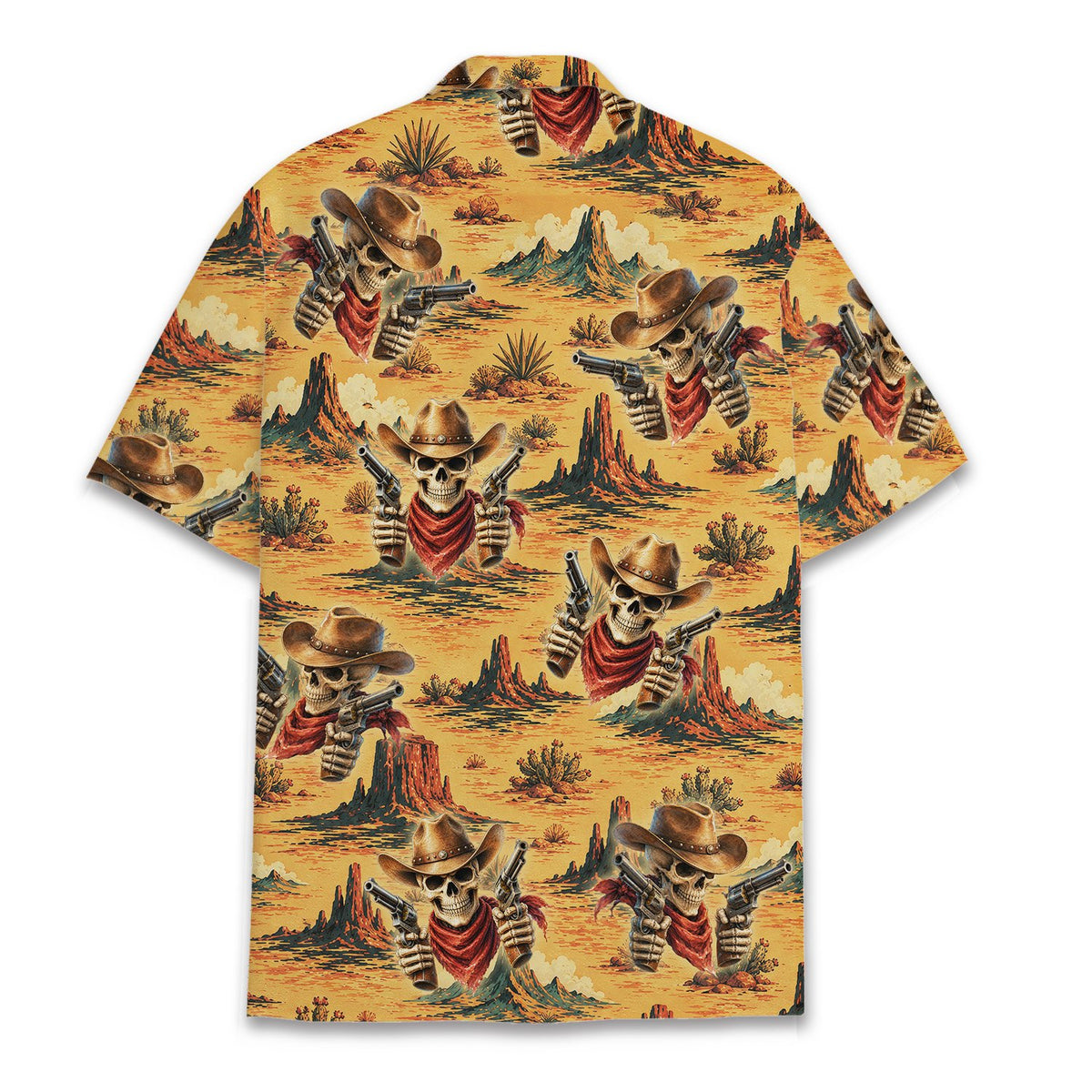 Back view of the western skull hawaiian shirt showing repeating pattern