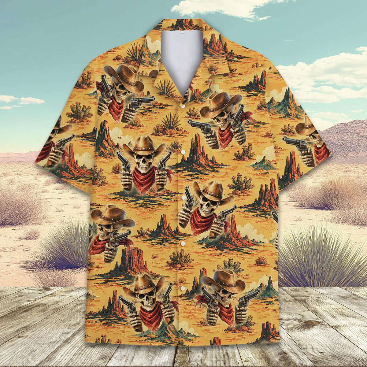 Detail view of the western skull hawaiian shirt button front