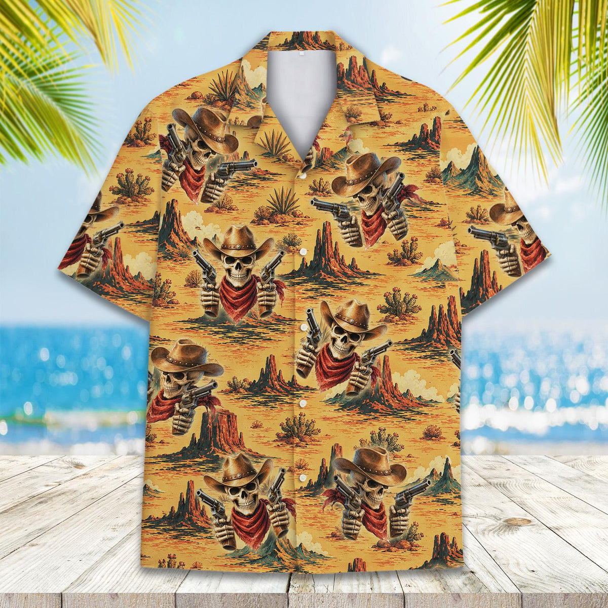 Angled front view of the western skull hawaiian shirt