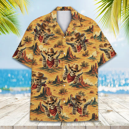 Angled front view of the western skull hawaiian shirt
