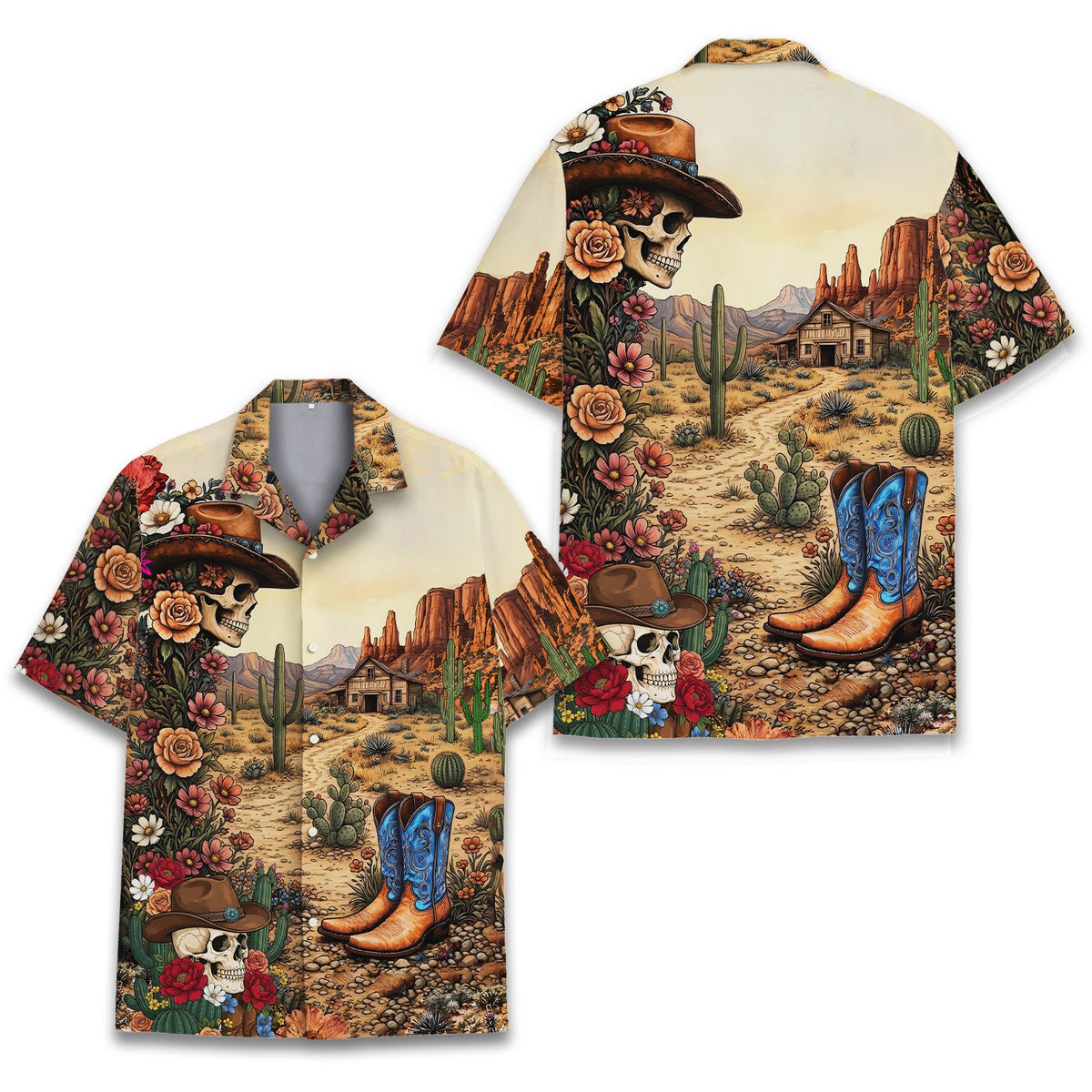 Front view highlighting the skull with a cowboy hat and floral design