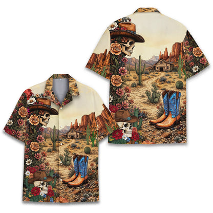 Front view highlighting the skull with a cowboy hat and floral design