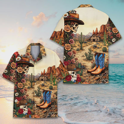 Detail view of the red rock formations on the skull hawaiian shirt
