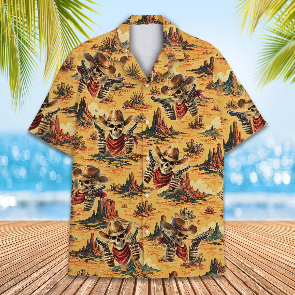 Close-up of the western skull hawaiian shirt front design