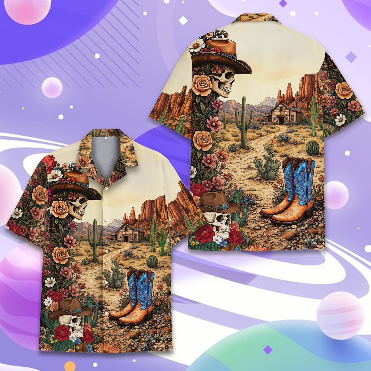 Front detail of the western skull hawaiian shirt showing the desert cabin