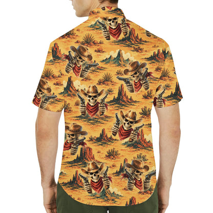 Lifestyle view of matching family hawaiian shirts with western skull design