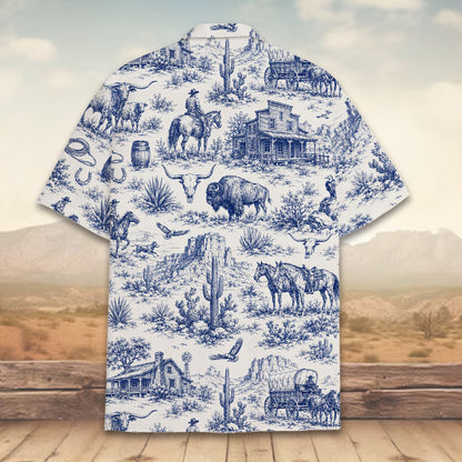 Back view highlighting the intricate navy and white western pattern