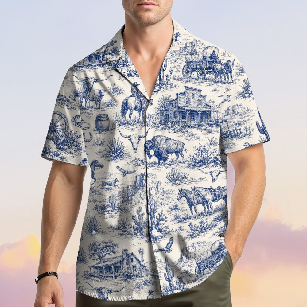 Front view detailing the button-down style of the toile hawaiian shirt