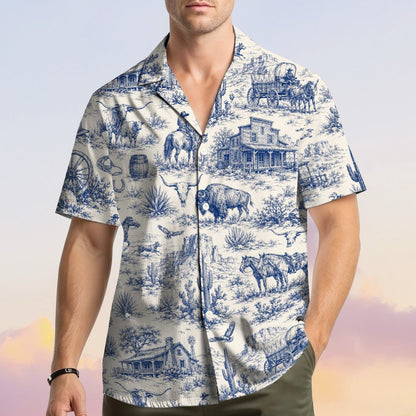 Front view detailing the button-down style of the toile hawaiian shirt