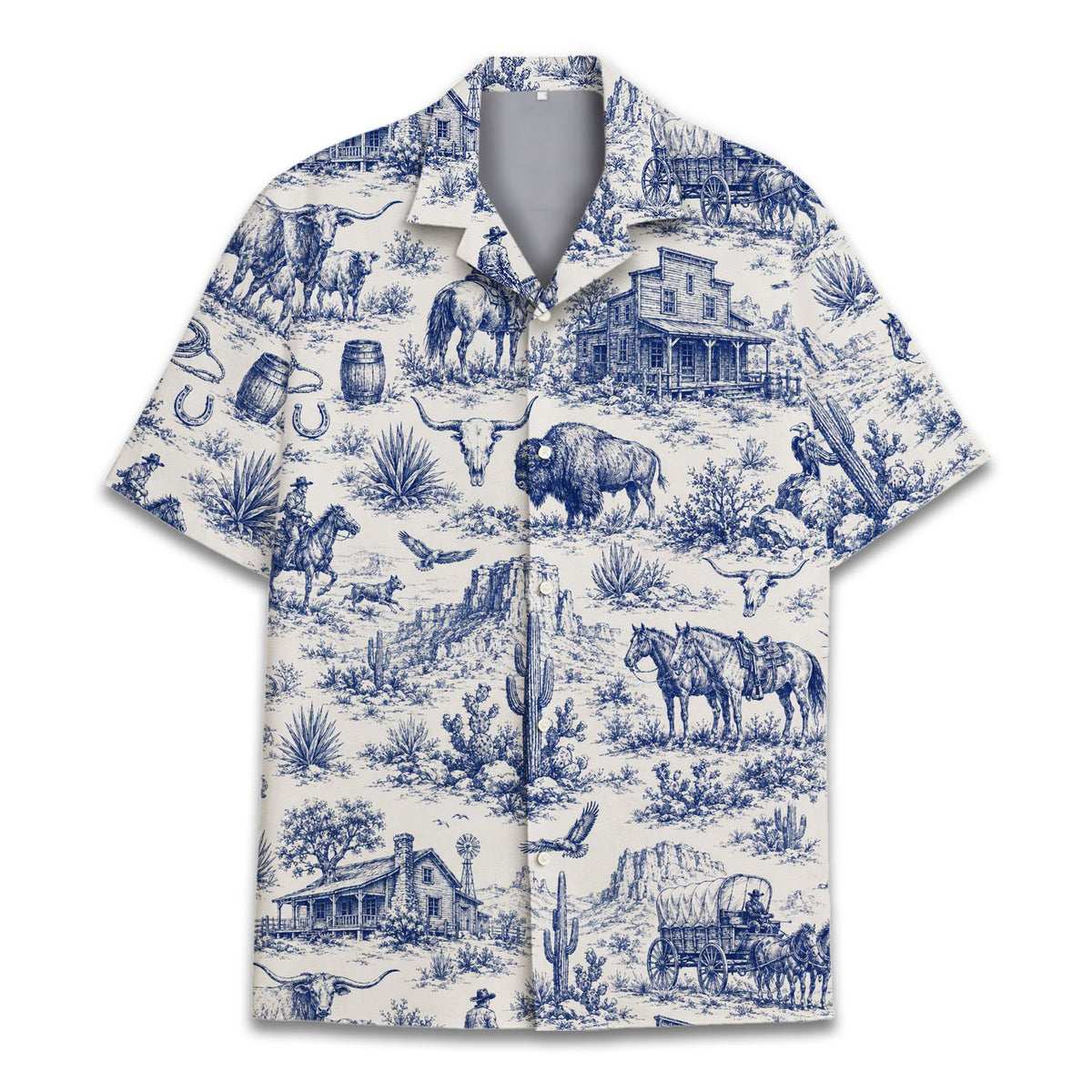 Another front view of the matching family hawaiian shirt showcasing cacti and covered wagons