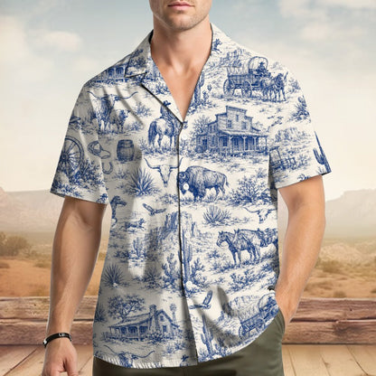 Main view of the matching family hawaiian shirt in a navy and white western toile pattern