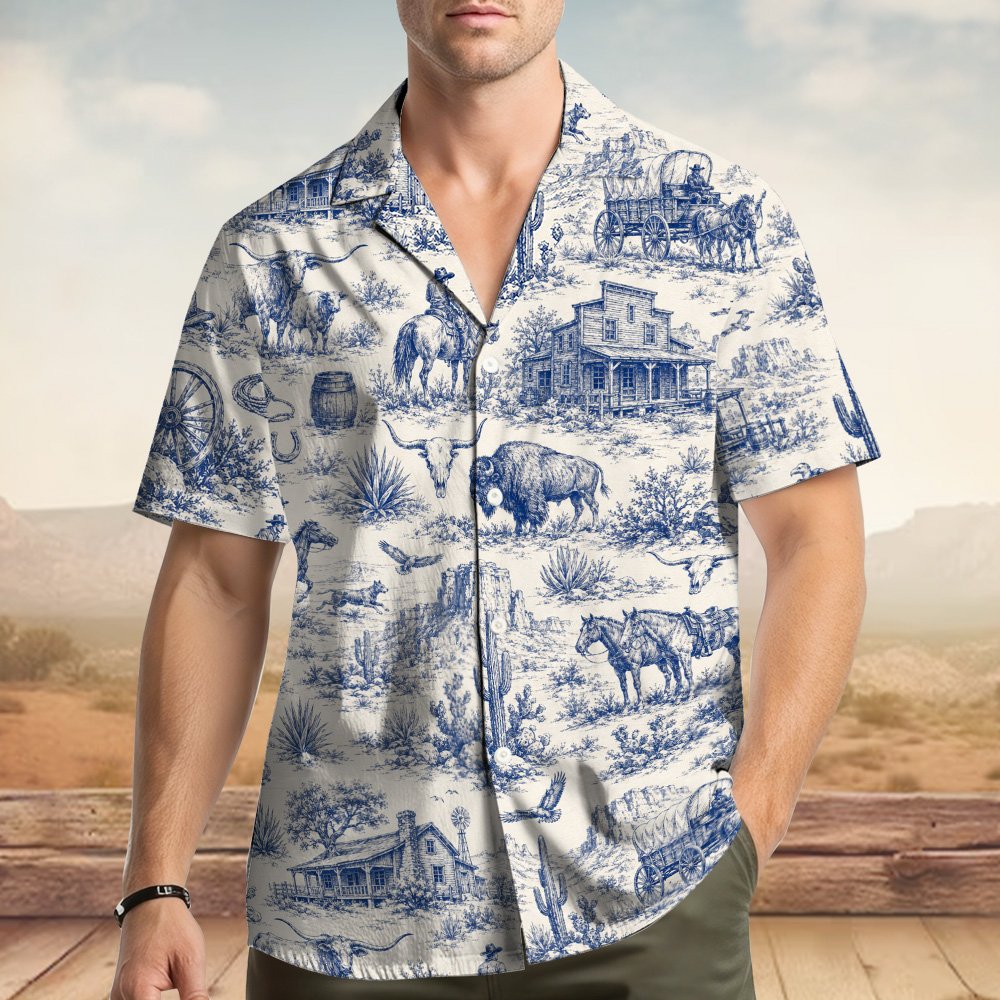 Front view of the western / toile hawaiian shirt with horses and bison motifs