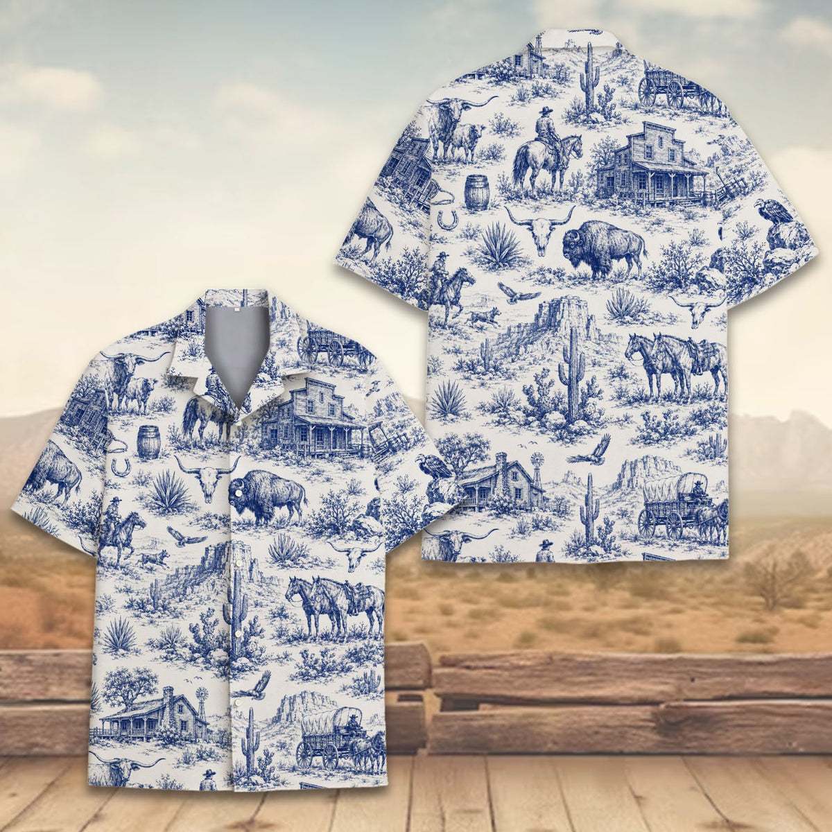 Detail view of the polyester material and old western building motifs