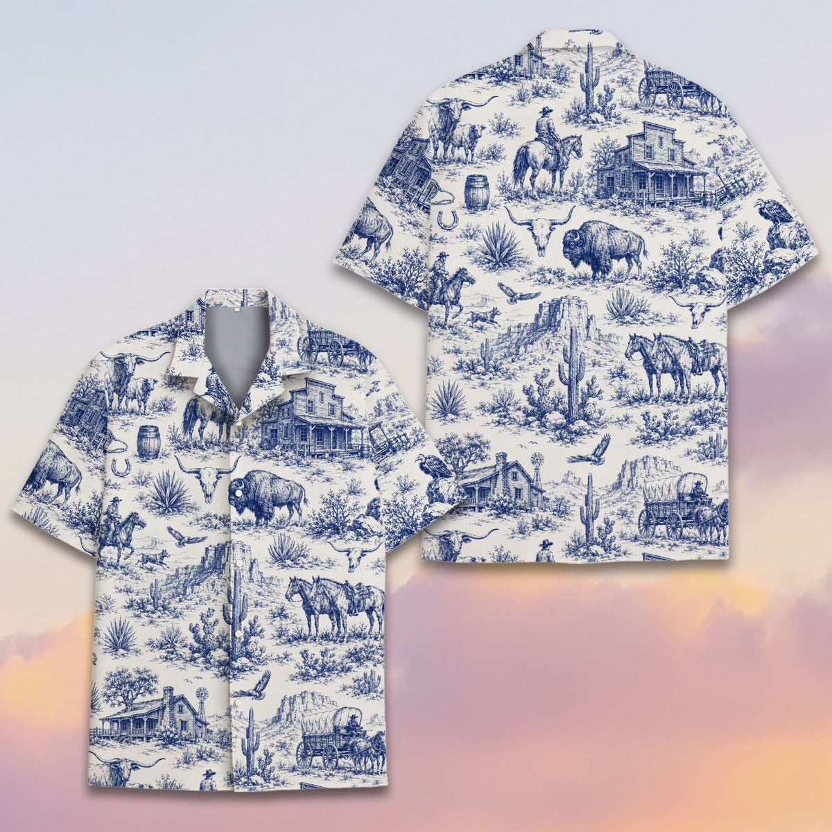 Styled view of the western toile hawaiian shirt for family matching outfits