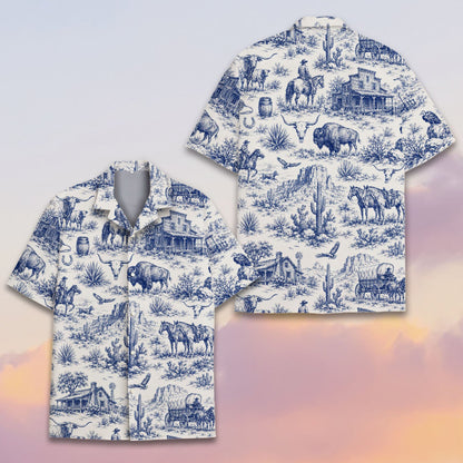 Styled view of the western toile hawaiian shirt for family matching outfits