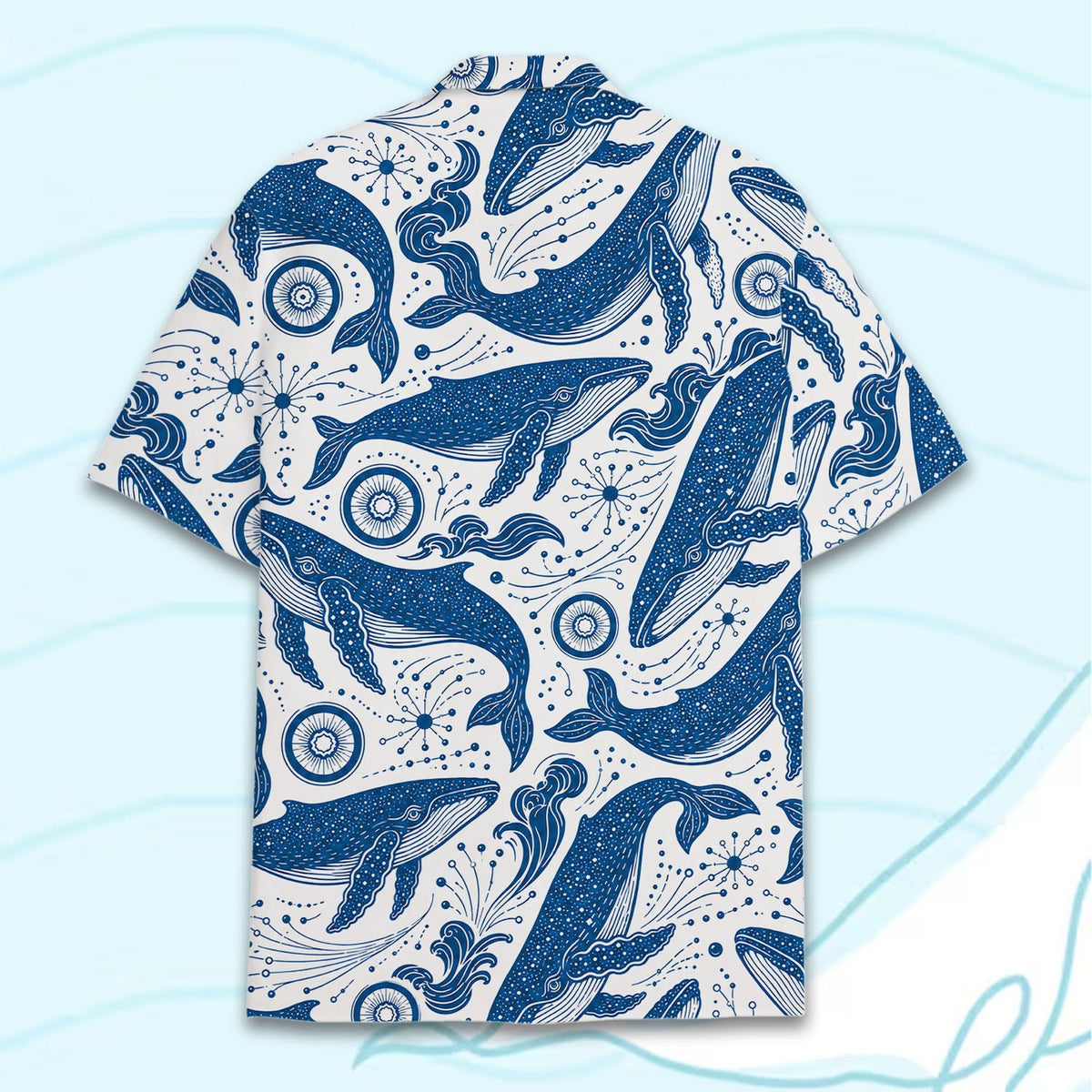 Detail back view of the white whales hawaiian shirt focusing on the collar