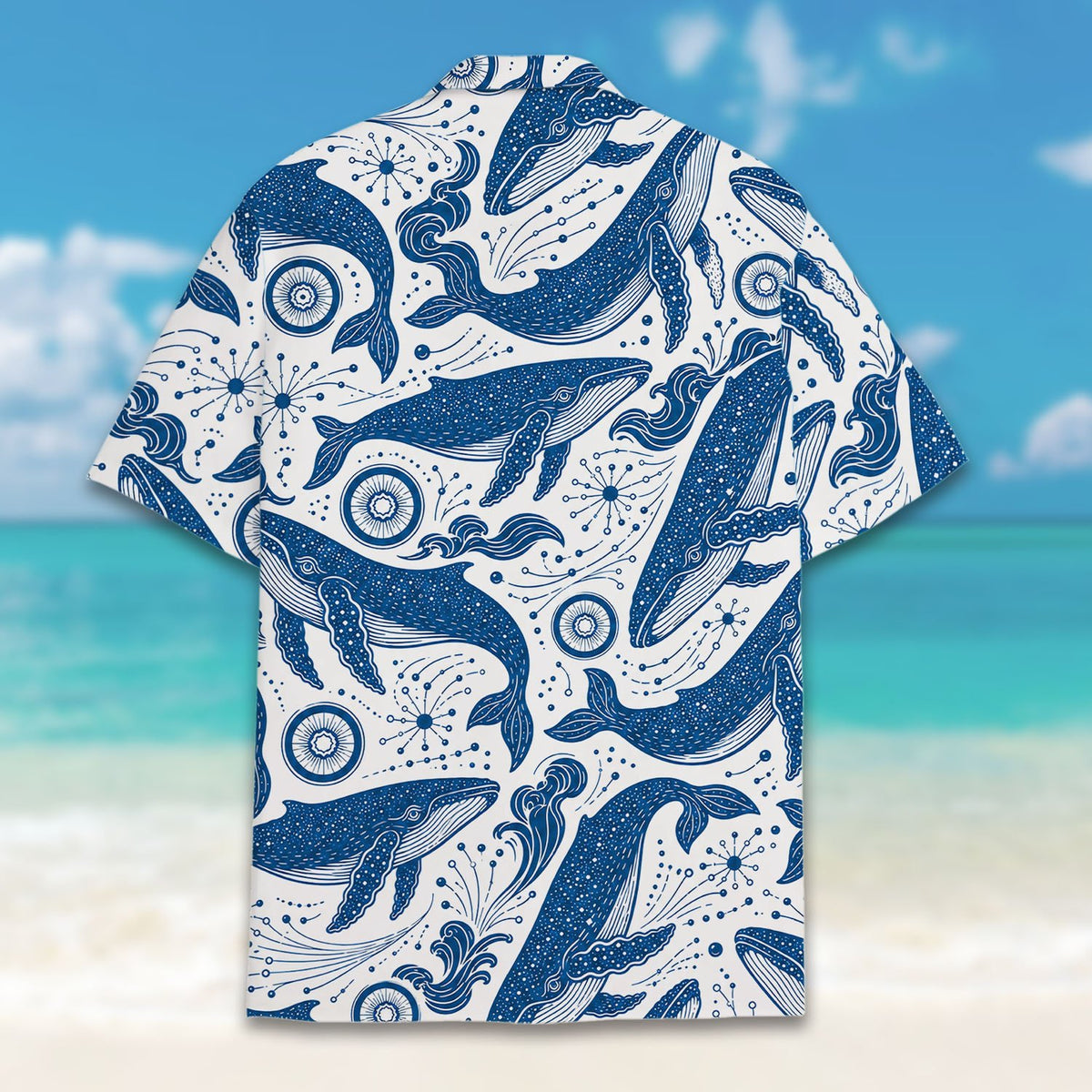 Close-up back view of the white whales hawaiian shirt showcasing the blue whale design