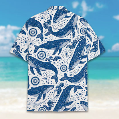 Close-up back view of the white whales hawaiian shirt showcasing the blue whale design